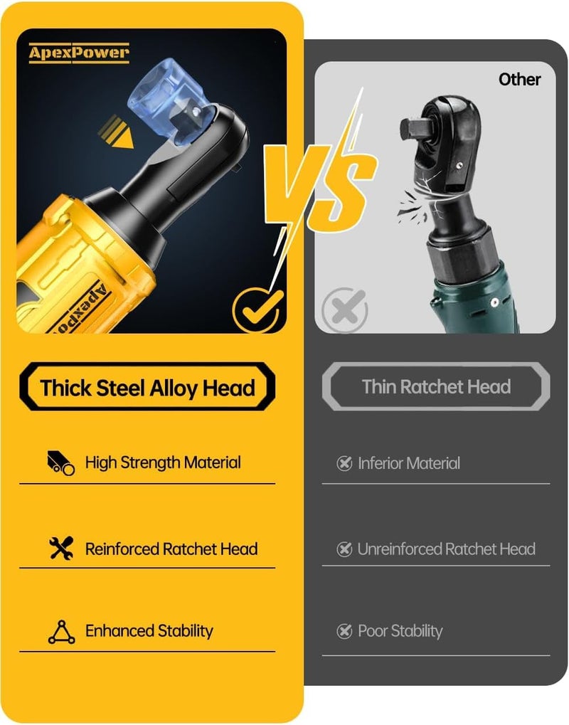 apex power 3/8 Inch Cordless Ratchet Wrench, for DEWALT 20V Max Battery, 88Ft-Lbs, 0-400RPM, Electric Ratchet Wrench Set with Variable Speed Trigger, Reinforced Head, R&F Switch, 7 Sockets, 3/8" to 1/4" Adapter - Image 5